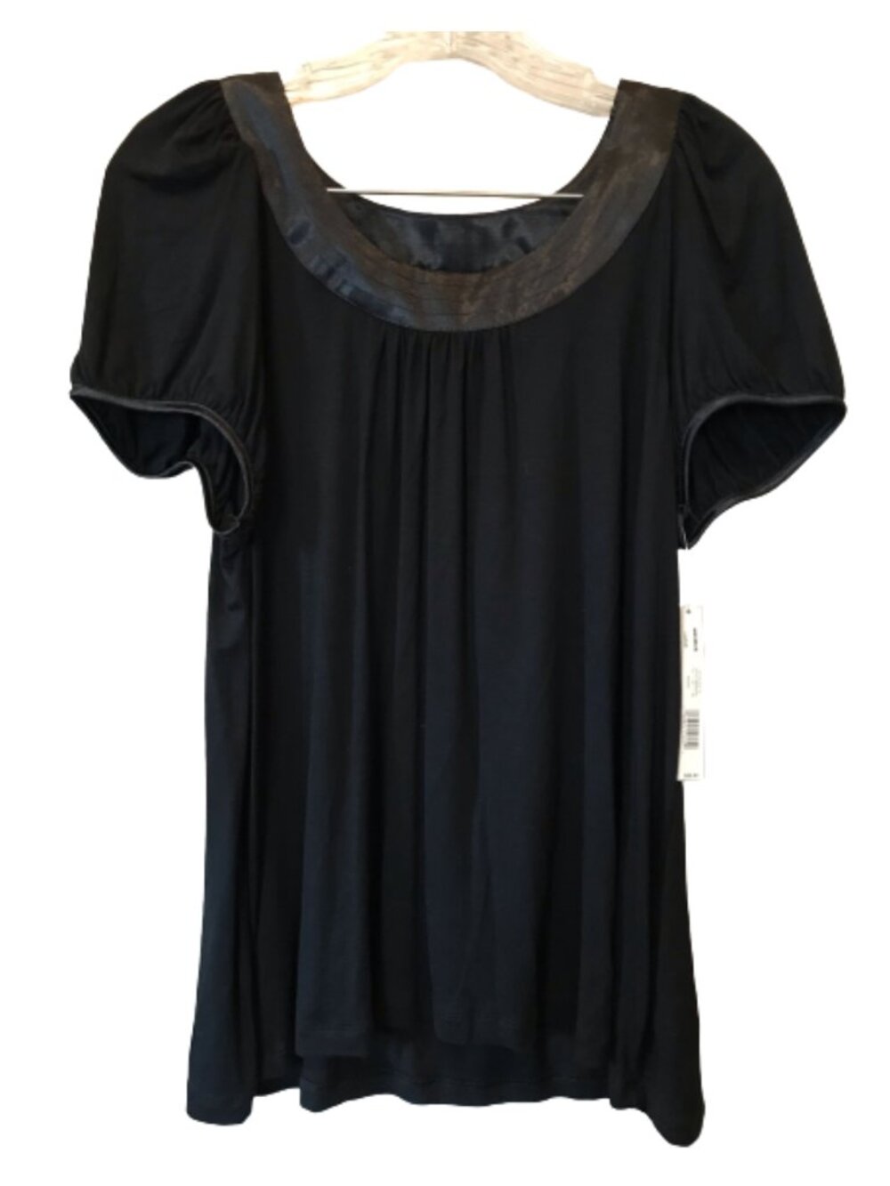 Apt. 9 Black Short Sleeve Dressy Top with Satin Trim and Gathering Size Large